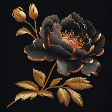 Embroidery luxury gold 3d peony flowers, leaves seamless pattern. Tapestry textured embroidered floral vector background with stitch golden peony flower. Stitching lines surface embroidered texture