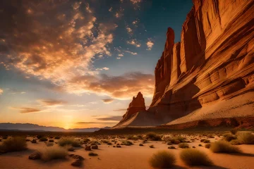 Foto op Canvas A textured rock formation in a desert landscape under a vibrant sky © Waqas