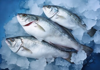 Fresh fish photographed in a cold pile of ice. generative AI