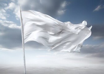A white flag fluttering and wavy in the photo on a Gray Background