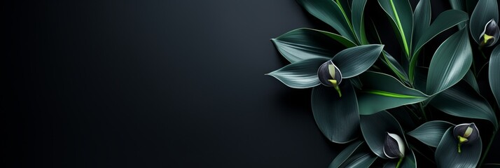 Abstract black tropical leaves texture background with copy space for dark nature concept flat lay