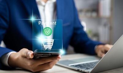 Digital Banking and Online Payment Concept. Man using mobile phone for transactions and online shopping, E-transaction and financial technology modern online shopping experience, Online purchase.