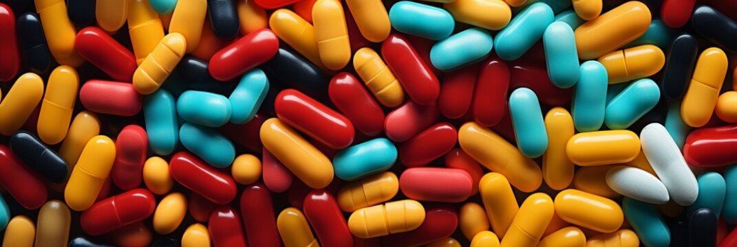 Diverse array of colorful pharmacy pills arranged in a massive pile, vibrant medical background