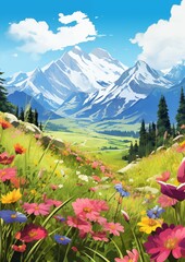 Summer Mountains Meadows. Children's book illustration in cartoon style.