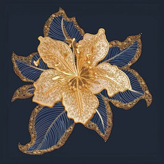 Embroidery beautiful gold 3d lily flowers, leaves seamless pattern. Tapestry textured embroidery floral vector background with stitch golden lily flower. Stitching lines surface embroidered texture