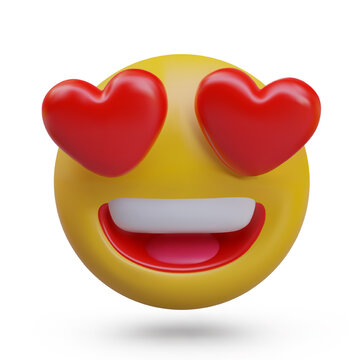 Big round face with heart eyes. Reaction of love. Realistic emoticon in yellow and red colors. Vector illustration in 3d style with shadow and white background