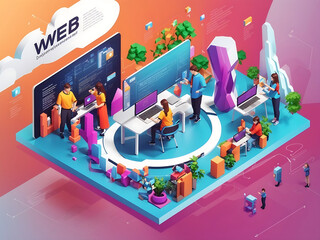 Web development concept in 3d isometric design. Designers prototyping and coding, working on ui ux for mobile apps and pages layouts. Illustration with isometry people scene for web graphic design.