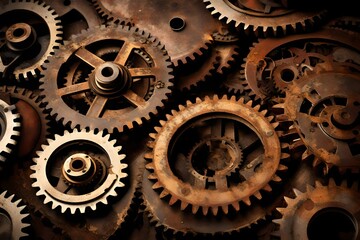 Textured rusted gears and cogs turning slowly