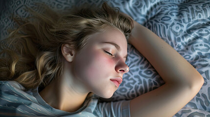 Young Girl Sleeping on Bed With Closed Eyes