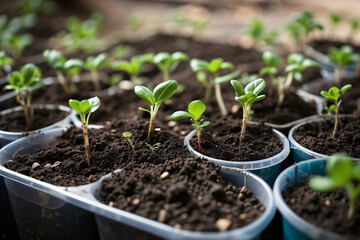 tree shoots in plastic pots filled with soil