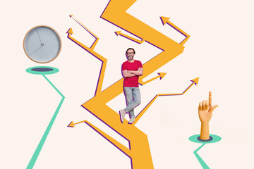 Horizontal photo collage of mature confident successful businessman with folded hands time is money analyze statistics arrow increase up