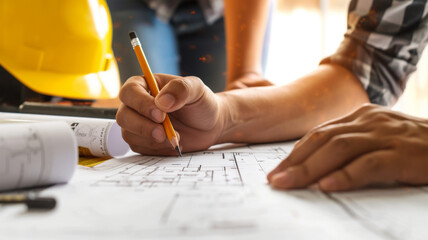 Close-up of a Professional Drafting Architectural Plans with Pencil and Ruler