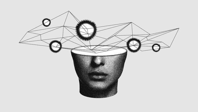 Female head with geometric shapes and lines symbolizing connectivity. Neurobiology. Philosophy, consciousness and nature of thought. Conceptual design. Concept of mental health, therapy, emotions