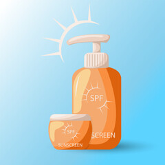Sunscreen protection pun care cosmetics containers. Protection for the skin from solar ultraviolet light. Design elements for booklet, leaflet or sticker. Healthy sunbathing sunscreens