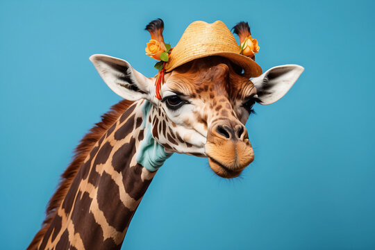 The giraffe wears a yellow hat
