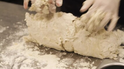 Following Close Up Shot of Woman in Rubber Gloves Kneading Dough