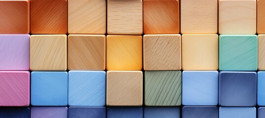 Colorful wooden blocks arranged on wide format background, perfect for design projects.