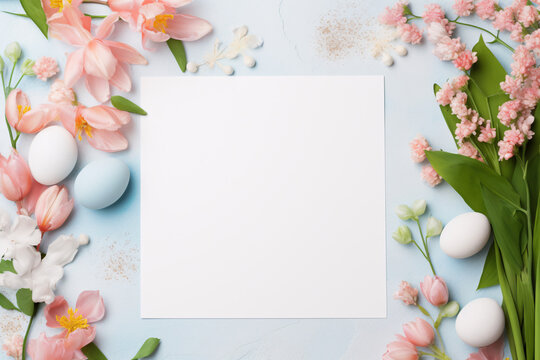 Kreatives flaches Ostergelege/Fr&uuml;hlingsgelege mit Blumen und einem wei&szlig;em, leern Blatt Papier