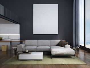 Modern living room interior design and  canvas frame on black wall background.