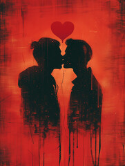 silhouette of a gay couple kissing on red background with a heart for valentines day 