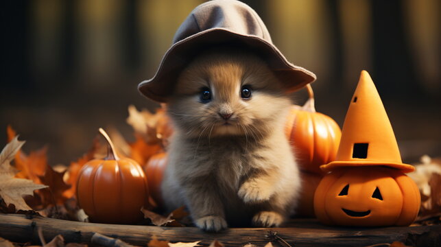 Cute fluffy brown hair rabbit wear witch hat