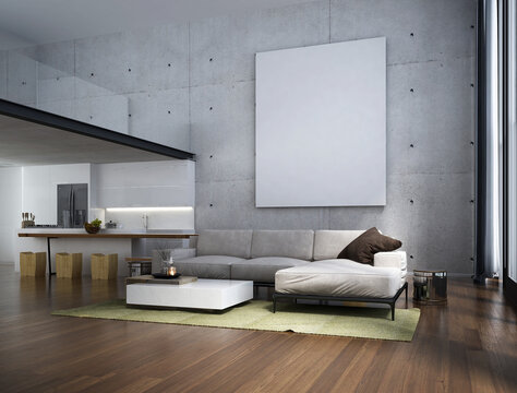 Modern living and dining room interior design and concrete texture wall background and canvas frame.