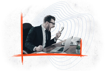 Collage creative poster black white effect bossy aggressive angry young man call talk office work suit computer exclusive sketch template