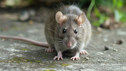 Rat Sitting on Ground Looking at Camera, Small Mammal Close-Up Wildlife Portrait Photo