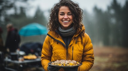 Young woman cooking in snow forest winter campsurvival and people conceptwinter forest camping. - obrazy, fototapety, plakaty