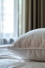 Fototapeta na wymiar Close Up of White Pillow on Bed, Soft Bedroom Decor