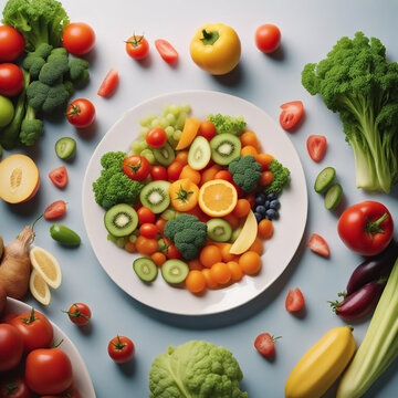 Top view of vegetarian food banner image, white color salad diet plate with different types of delicious vegetables and fruit slices around on white background 