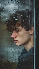 Fototapeta na wymiar Man Standing in Front of Rain Covered Window