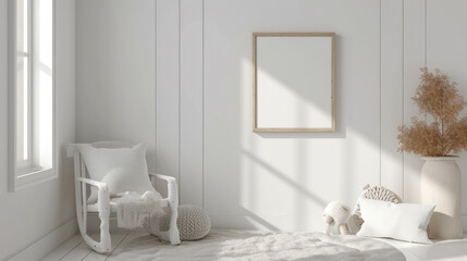 Fototapeta na wymiar Mock up frame in cozy white children room interior background. Generative Ai