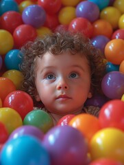 Fototapeta na wymiar A gleeful toddler's face emerges from the colorful chaos of a ball pit at an indoor party, surrounded by a sea of bouncing spheres and surrounded by the carefree joy of youth