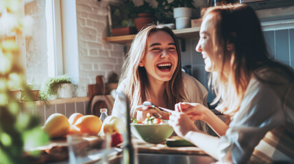 Happy women share laughter and love as they enjoy cooking lunch together, chopping vegetables and tossing a fresh salad, embodying the essence of friendship