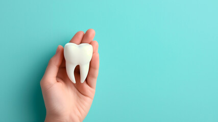 The doctor's hand holds a model of a healthy white tooth on a flat blue background.