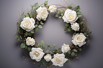A beautiful bouquet of white Roses in the shape of a circle in the photo on a gray background. generative AI