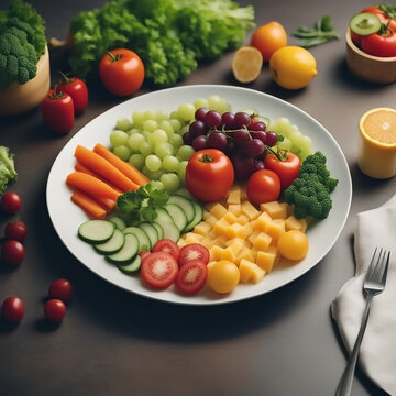 Aerial view of vegetarian food banner image, white color diet appetizer plate with different types of delicious vegetables and fruit slices on dark background 