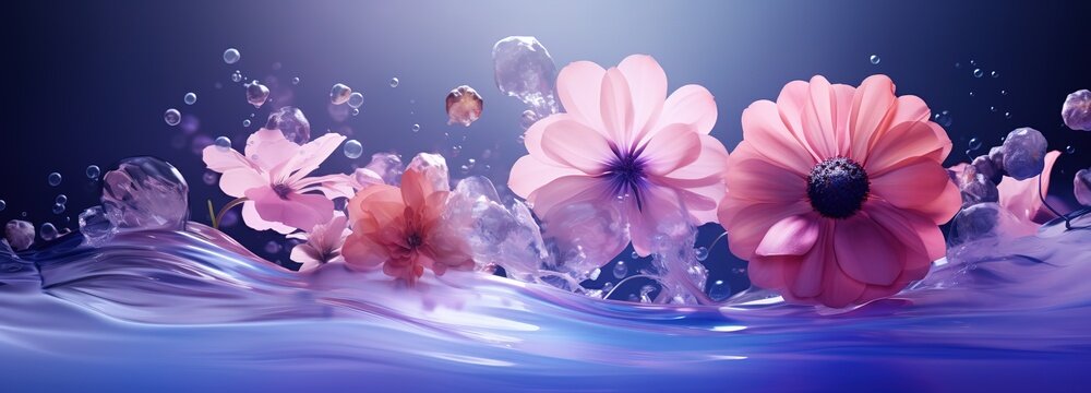 Purple flowers in the photo above wavy water on a blue background. generative AI