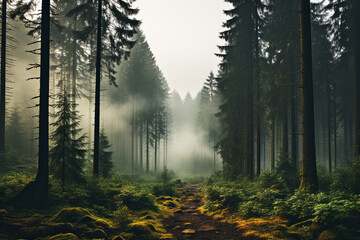 Green forest with tall trees and fog