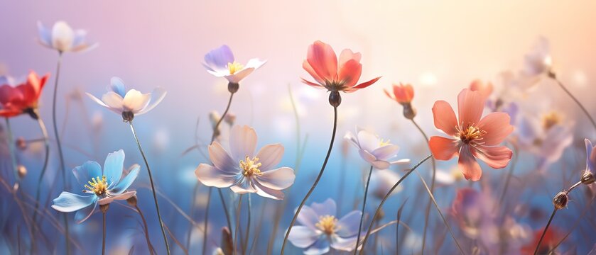 An illustration of various kinds of beautiful blooming flowers with a blurry background