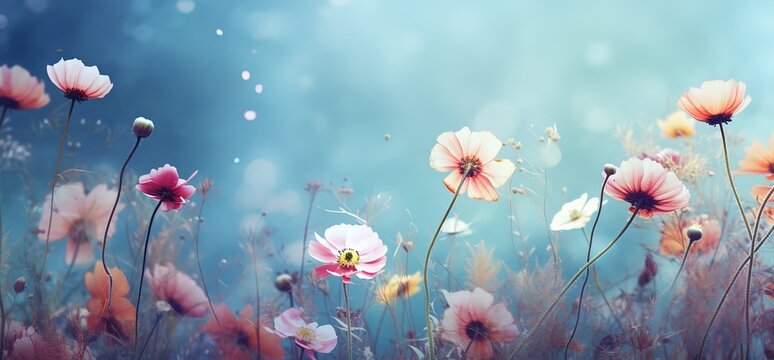 Flowers of various colors are beautiful in photos with a blurred background. generative AI