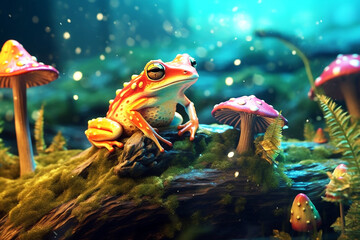 Fototapeta na wymiar Colorful frog and mushrooms in a fantasy forest