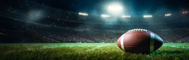 american football ball on the grass with blurred stadium  lights in the background, horizontal wallpaper or banner, large copy space for text. sport,  show and big game concept 