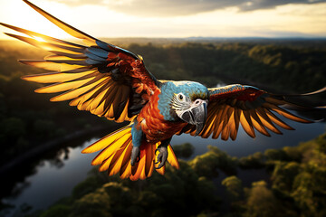 Macaw parrot  flying over in forest view