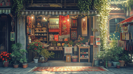 Vintage Boutique Exterior with Plants and Textiles