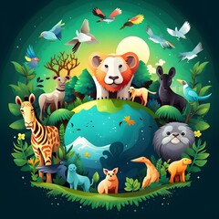Vibrant and colorful illustration for World Wildlife Day. A majestic lion in the center, surrounded by zebra, deer, otter, and various bird species around a lush, green planet.