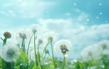 Dandelion flowers bloom and fly with a beautiful view