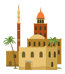 Middle east. Arabic desert with traditional mud brick houses. Ancient building. Flat vector illustration