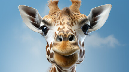 Close-up photo of giraffe face isolated on white background
